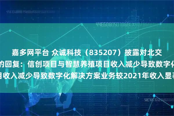 嘉多网平台 众诚科技（835207）披露对北交所2024年年报问询函的回复：信创项目与智慧养殖项目收入减少导致数字化解决方案业务较2021年收入显著下滑